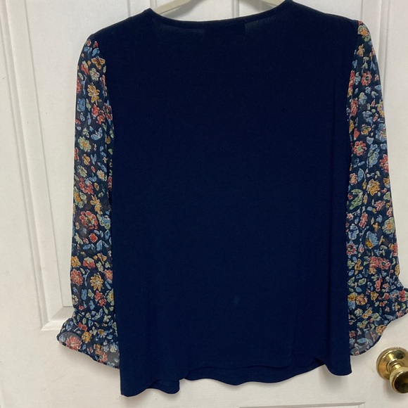 CeCe Dark Blue Top with Sheer Floral Sleeves - Picture 6 of 6